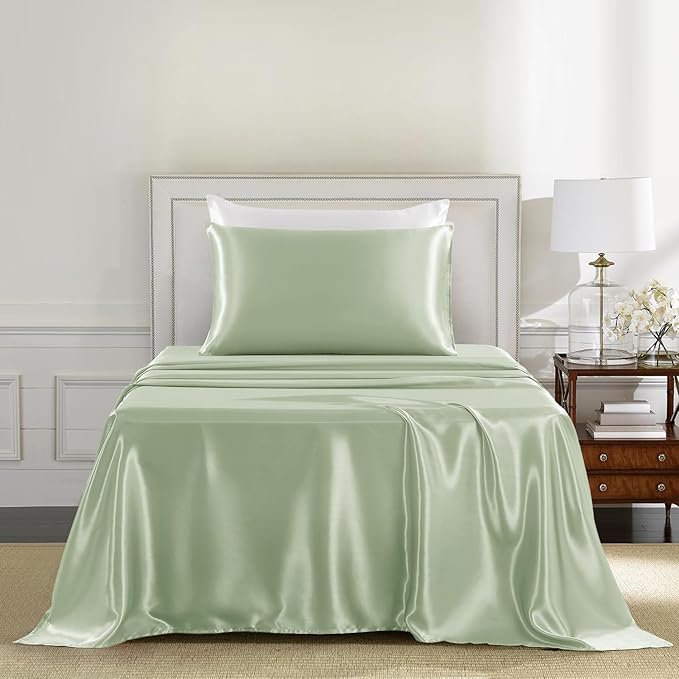 Satin Sheets Twin XL Size - 3 Pieces Luxury Silky Soft Bed Sheets, Wrinkle-Free Sage Green Satin Silk Sheet Set with 1 Deep Pocket Fitted Sheet, 1 Flat Sheet, 1 Pillow Case