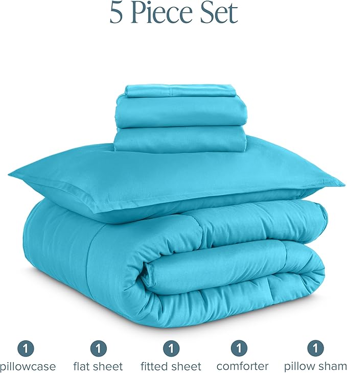 Bare Home Bed-in-A-Bag 5 Piece Comforter & Sheet Set - Twin XL - Goose Down Alternative - Ultra-Soft 1800 Premium Bed Set (Twin XL, Aqua/Aqua)