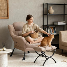 Tiita Lazy Chair with Ottoman, Modern Large Accent Lounge Armchair, Comfy Leisure Sofa Reading Chair with Footrest for Bedroom, Living Room, Dorm Rooms, Garden and Courtyard, Khaki