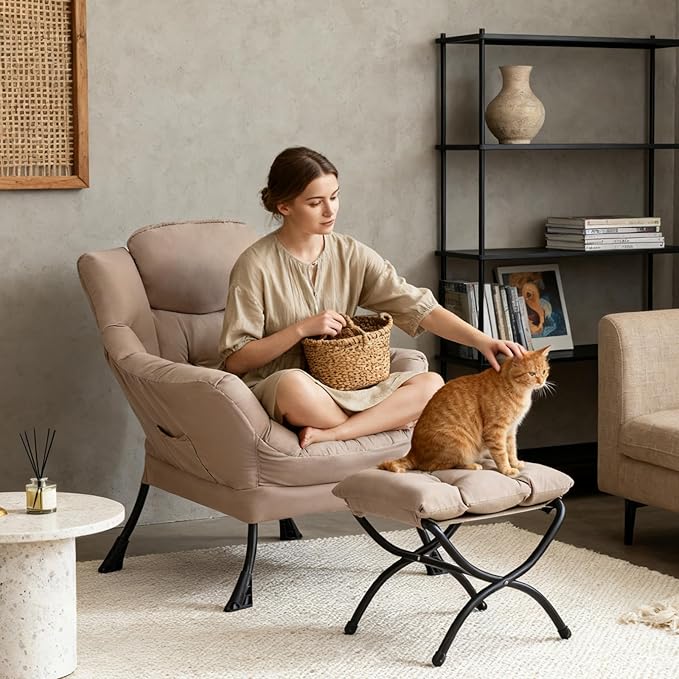 Tiita Lazy Chair with Ottoman, Modern Large Accent Lounge Armchair, Comfy Leisure Sofa Reading Chair with Footrest for Bedroom, Living Room, Dorm Rooms, Garden and Courtyard, Khaki