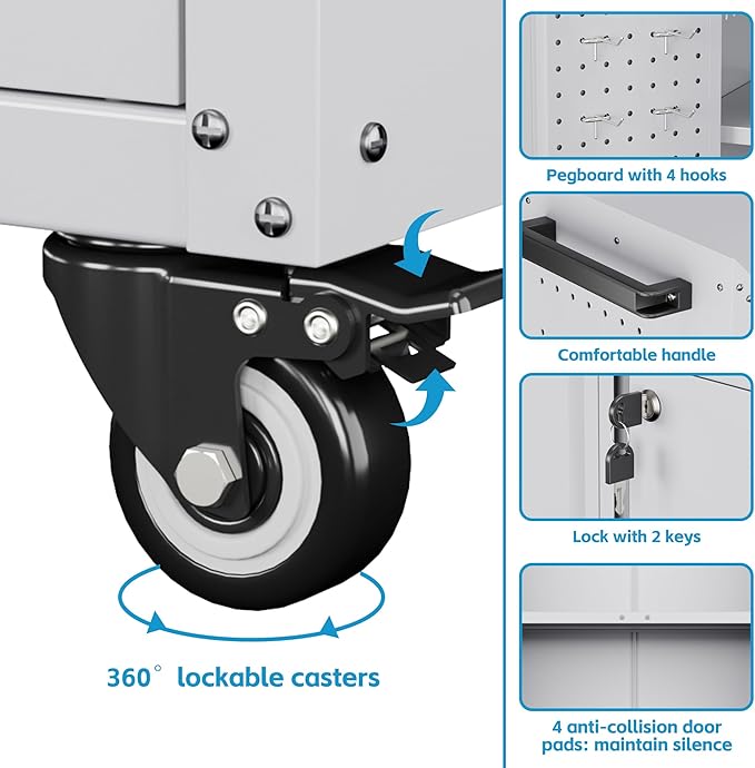 SUXXAN Metal Storage Cabinet with 2 Doors and 4 Hooks,34" H Top Workbench Mobile Tool Chests Garage Cabinets with 4 Wheels and Lock/Push Arm for Home,Office,Shop(White)