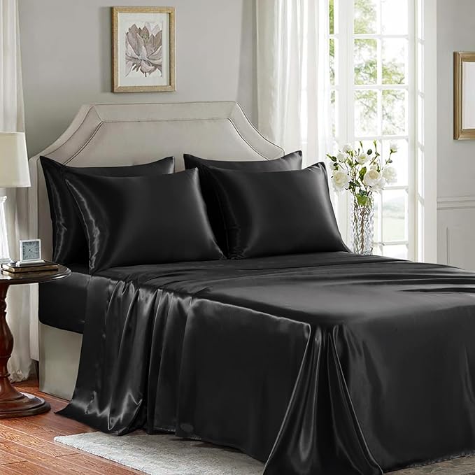 Satin Sheets Full Size - 6 Pieces Luxury Silky Soft Bed Sheets, Wrinkle-Free Black Satin Silk Sheet Set with 1 Deep Pocket Fitted Sheet, 1 Flat Sheet, 4 Pillow Cases