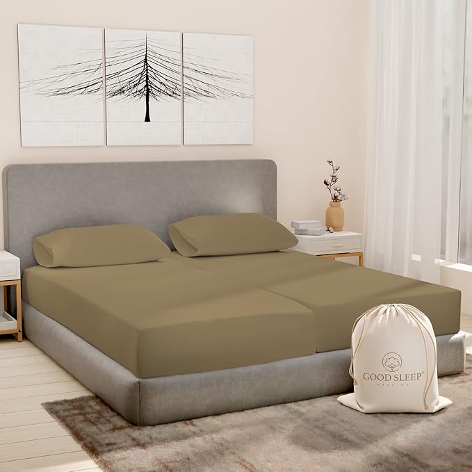 Good Sleep Bedding Split King Sheets Sets for Adjustable Bed Cotton, Luxury Sheets, Egyptian Cotton, 5 Piece 100% Cotton Split King Sheet Set, Sateen Weave, 2 Fitted - 16" Deep Pocket, Taupe GoodSleepBedding