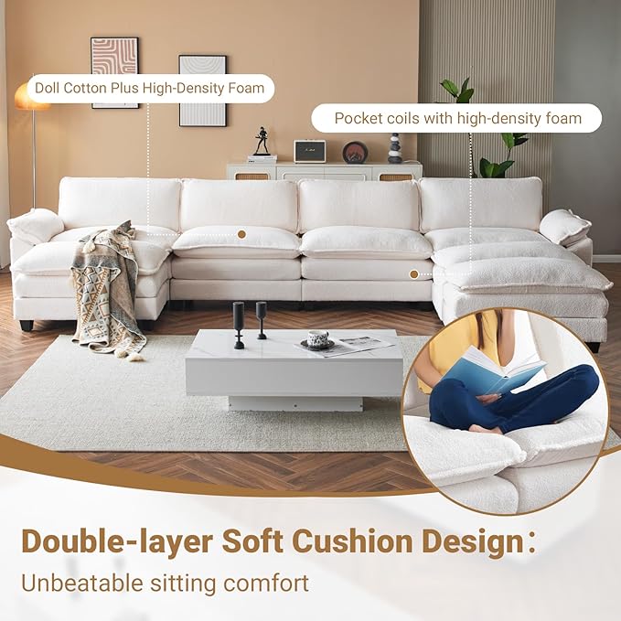VINGLI 157" Cloud Teddy White Convertible Sectional Sofa, Comfy U-Shape Extra Deep Seat Sofa Couch for Living Room,Modern Chenille 4-Seat Convertible Sofa with 3 Movable Ottomans for Small Space