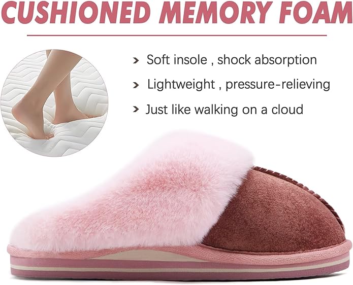 KuaiLu Womens Fluff Dual Memory Foam Slippers Ladies Cozy Arch Support Warm Scuff Slippers Slip on Comfy Winter House Shoes with Non-Slip Indoor Outdoor Hard Sole