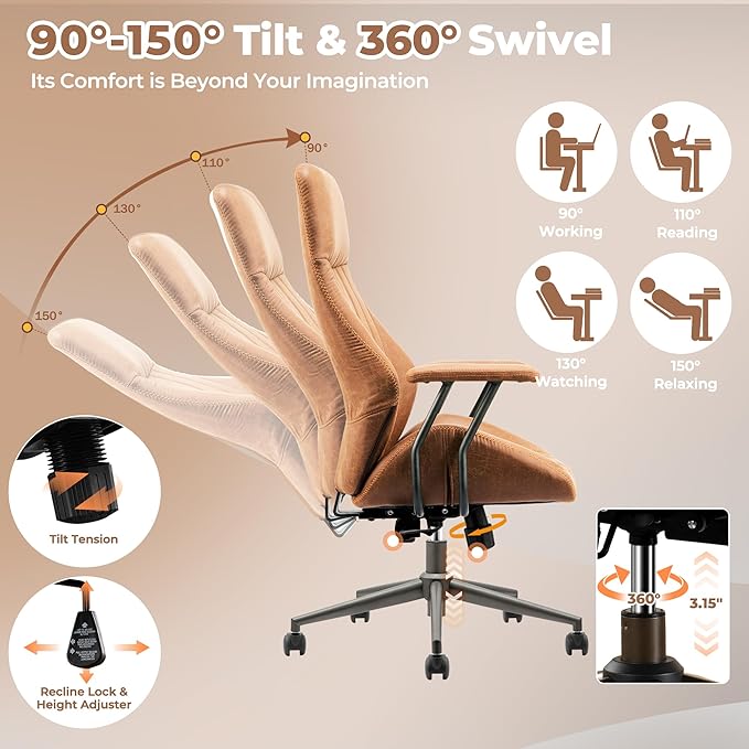 ovios Ergonomic Office Chair, High Back Faux Leather Executive Chairs with Armrests, Comfy High-Century Modern Swivel Rolling Computer Armchair (Brown, Suede Leather)