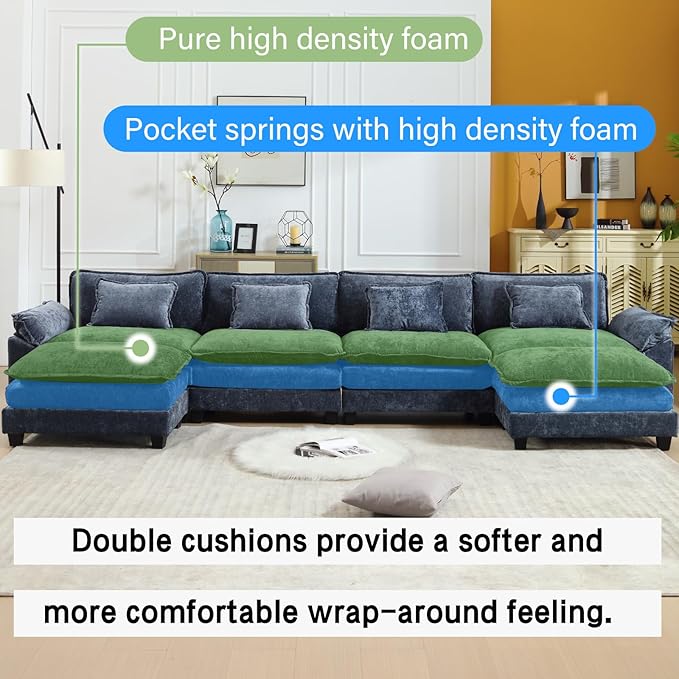 154" Modular Sectional Sofa, Comfy Cloud Couch Sectional Sofa with Ottoman, Chenille Sofa Sleeper Deep Seat Sofa with Throw Pillows for Living Room (Blue, 154"- U Shape)
