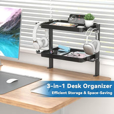KDD Clamp On Desk Organizer - Adjustable 2-Tier Above or Under Desk Shelves with Large Capacity Tray, Phone & Tablet Holder, Headphone Hook - No Drilling Desktop Storage for Office & Home Accessories