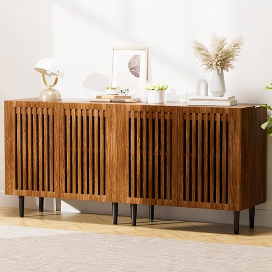 CHUWELL Farmhouse Storage Cabinet Set of 2, 63" Buffet Cabinet with 4 Doors and Adjustable Shelf, Sideboard Coffee Bar with Solid Wood Feet for Kitchen,Dining Room,Living Room,Brown