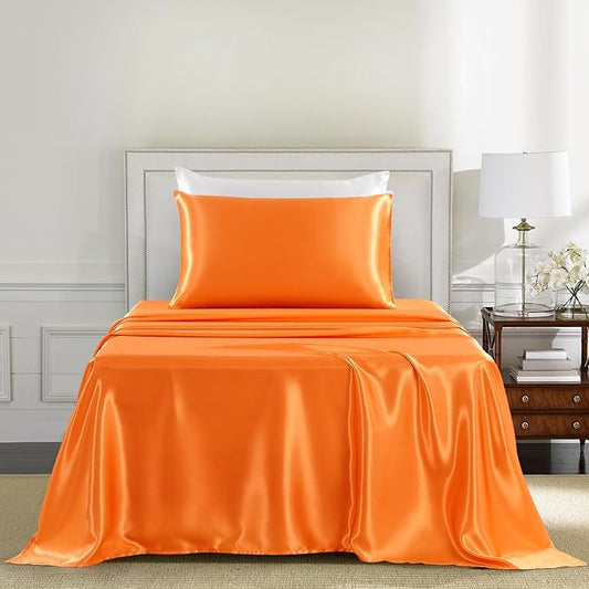 Satin Sheets Twin Size - 3 Pieces Luxury Silky Soft Bed Sheets, Wrinkle-Free Burnt Orange Satin Silk Sheet Set with 1 Deep Pocket Fitted Sheet, 1 Flat Sheet, 1 Pillow Case