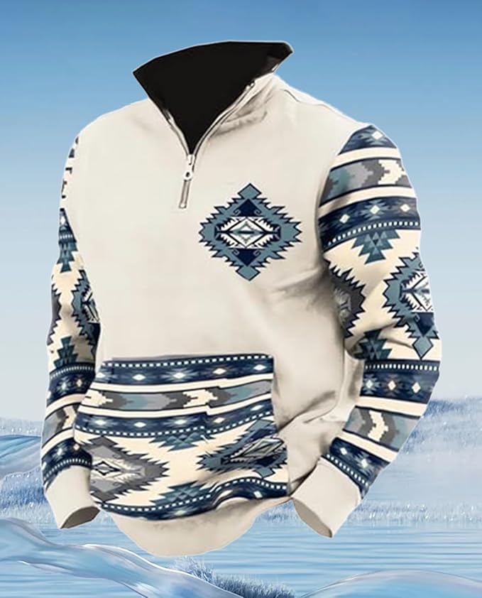 Western Sweatshirts for Men Aztec Cowboy Vintage Graphic Fleece Hoodie Mens Quarter Zip Pullover Country Jacket