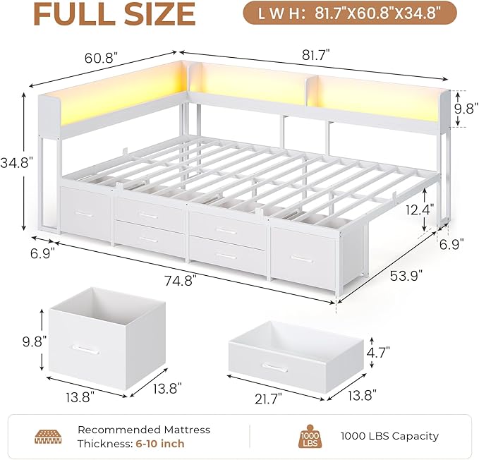 VIAGDO Corner Bed Frame Full with Storage Bookcase and 6 Drawers, Metal Platform Corner Bed Frame with LED Lights and Charging Station, Full Daybed for Kids Teenagers, White