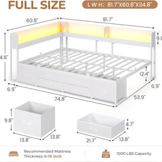 VIAGDO Corner Bed Frame Full with Storage Bookcase and 6 Drawers, Metal Platform Corner Bed Frame with LED Lights and Charging Station, Full Daybed for Kids Teenagers, White