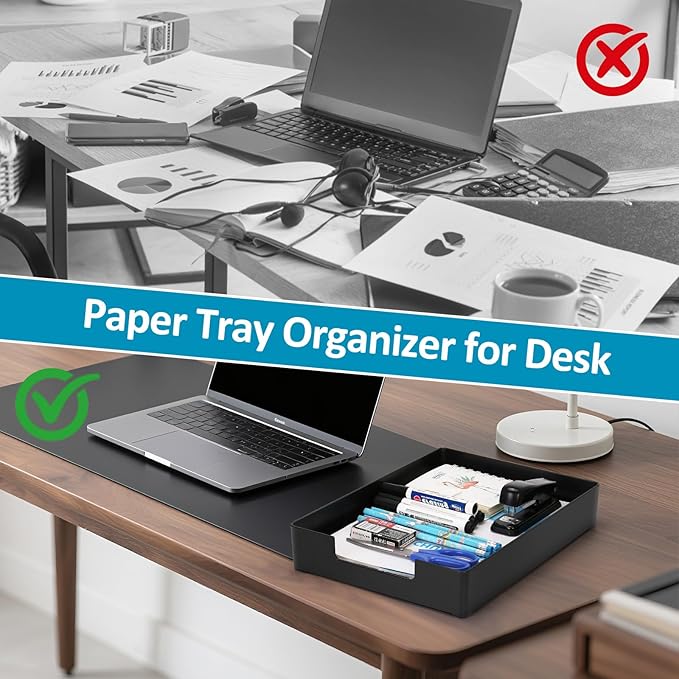 Letter Size A4 Papers Tray Desk Drawer Organizer Tray A4 Plastic Letter Paper Stationery Desk Accessories, Black Holder File Organization for Office, School, Home Storage (2 Pack)