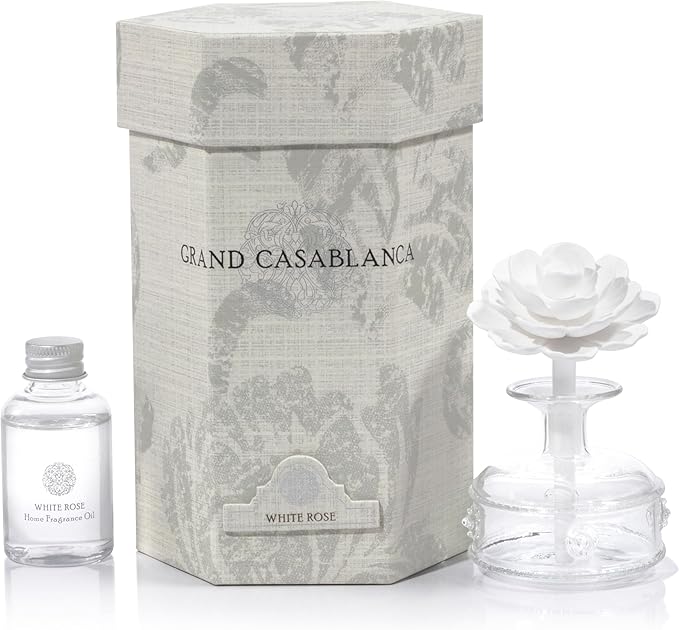 Zodax Grand Casablanca Reed Diffuser - Home Fragrance Oil Diffuser Ideal for Living Room, Bathroom, Office - Porcelain Flower Design - Gift Box Packaging Included - White Rose - 1.69 Oz.