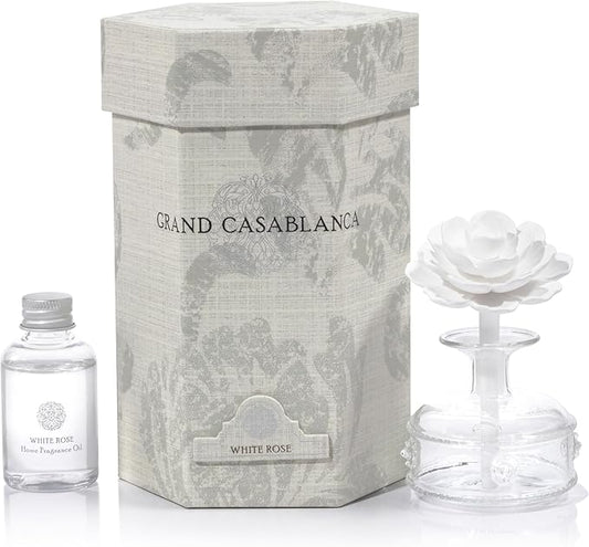 Zodax Grand Casablanca Reed Diffuser - Home Fragrance Oil Diffuser Ideal for Living Room, Bathroom, Office - Porcelain Flower Design - Gift Box Packaging Included - White Rose - 1.69 Oz.