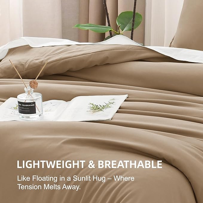 Litanika Comforter Set, Lightweight Solid Bedding Comforter Set, Fluffy Down Alternative Bed Set, Amber Brown, Super King