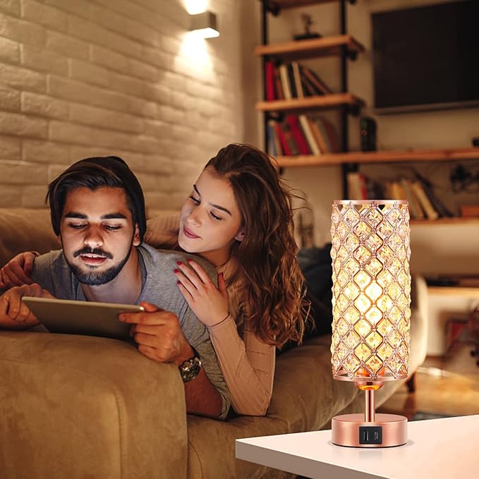 Hong-in Crystal Table Lamp - 3-Way Dimmable Touch Control, Rose Gold Bedside Lamp with USB C and A Ports, Nightstand Light for Living Room, Bedroom, Home Office (Bulb Included)