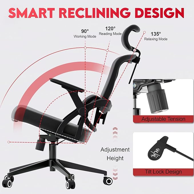 Ergonomic Office Chair - 400LB Comfy Desk Chairs with Adjustable Headrest and Lumbar Back Support, Mesh Computer Chairs with Wheels and Arms for Home Office, Study