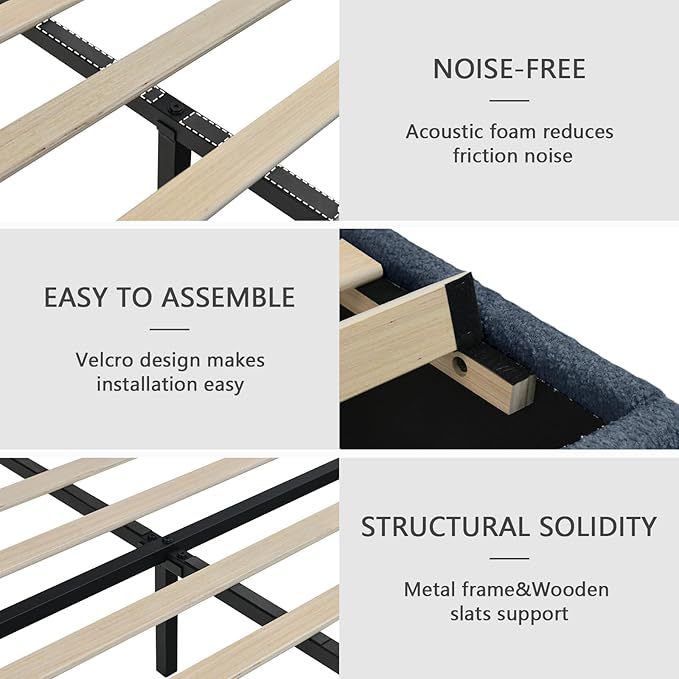 Full Size Bed Frame with Headboard, Cloud Boucle Upholstered Bed Frame, Modern Soft Style, Adjustable Headboard, No Box Spring Needed, Easy Assembly, Blue