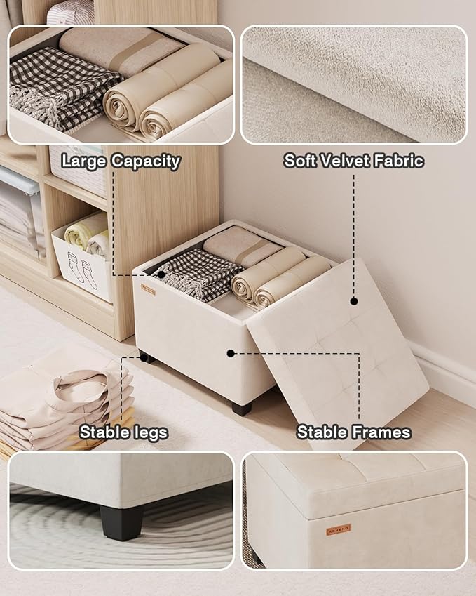 17.7 inches Velvet turfed Ottomans Cube with Storage, Metal-Framed Square Linen Storage Ottoman Foot Rest Stool Holds 770 LB for Dorm Living Room Bedroom White UASND64W