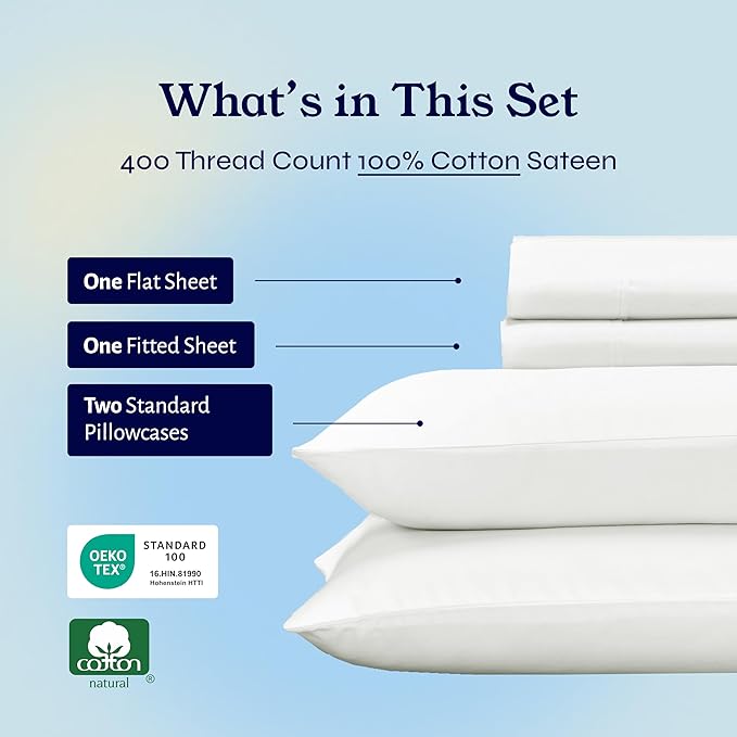 California Design Den Natural 100% Cotton Sheets, Full Size Sheets Set, 400 Thread Count Sateen, Deep Pockets with All-Around Elastic for a Snug Fit, Durable Bedding Set - Ivory (Pale Tone)
