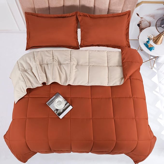 HIG 3pc Burnt Orange King Size Comforter Set - All Season Reversible Down Alternative Comforter with Sham - Quilted Duvet Insert with Corner Tabs - Box Stitched - Breathable, Soft, Fluffy