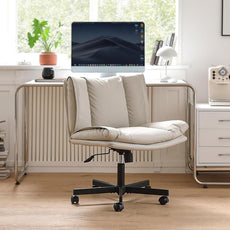 LEAGOO Criss Cross Chair with Wheels, Armless Cross Legged Office Chair, Comfy PU-Leather Desk Chair, Modern Swivel Height Adjustable Computer Task Chair, Wide Seat Cute Chair for Home Office(Beige)