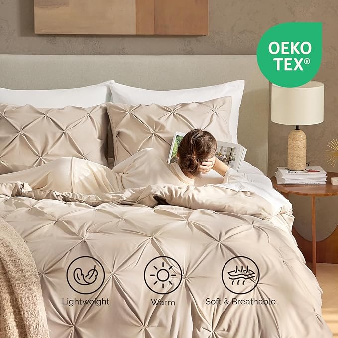 Andency California King Comforter Set Wheat (104x96Inch), Pinch Pleat Cal King Comforter Set 3 Pieces, Oversized King Pintuck Bed Comforter, Microfiber Down Alternative Comforter Bedding Set