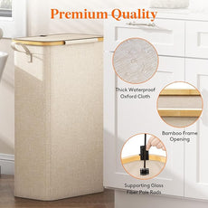 Lifewit 75L Slim Laundry Hamper with Lid, Narrow Laundry Basket with Removable Bag & Bamboo Handles, Fodable Thin Dirty Clothes Hamper for Laundry Collapsible Bin for Bathroom Bedroom Dorm, Beige