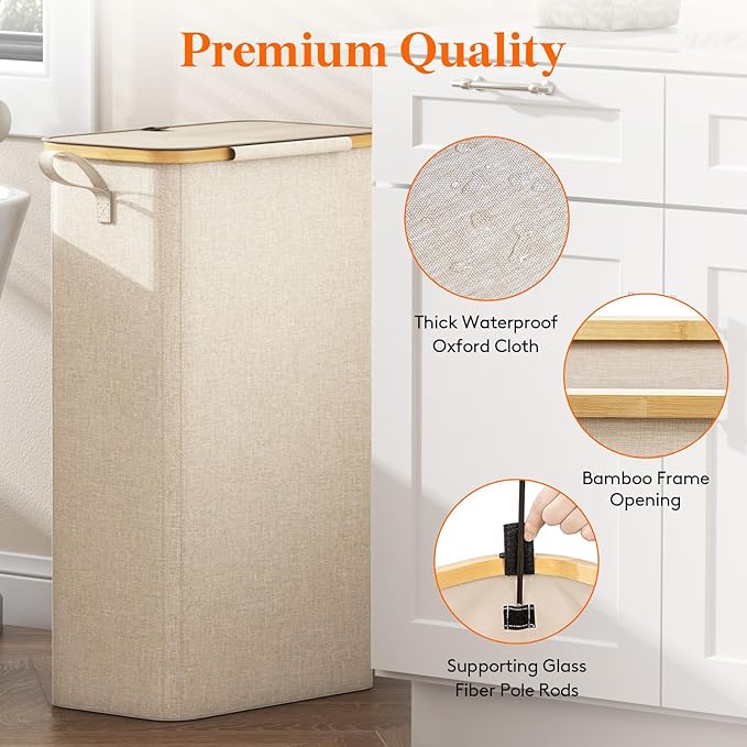 Lifewit 75L Slim Laundry Hamper with Lid, Narrow Laundry Basket with Removable Bag & Bamboo Handles, Fodable Thin Dirty Clothes Hamper for Laundry Collapsible Bin for Bathroom Bedroom Dorm, Beige