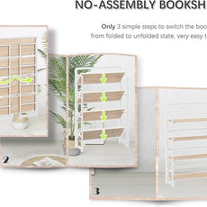 4NM No Assembly Extra Wide 4 Tiers Folding Bookshelf Storage Shelves Vintage Bookcase Standing Racks Study Organizer Home Office (Natural White)