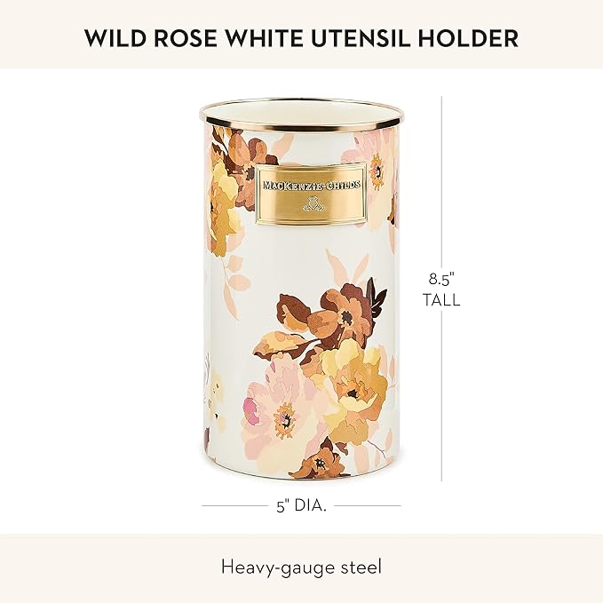 MACKENZIE-CHILDS Enamel Utensil Holder, Stylish Kitchen Countertop Organizer, Wild Rose White