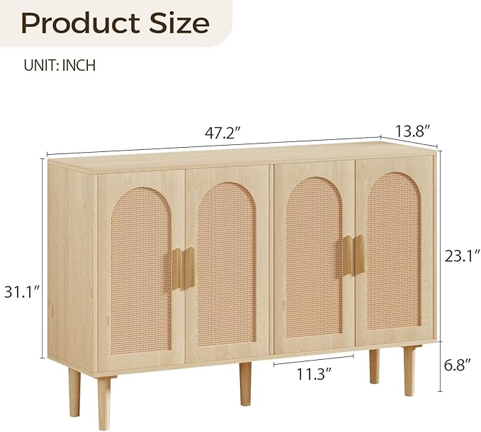 FONTOI Sideboard Cabinet with Rattan Doors, 4 Door Credenza Buffet Cabinet with Storage, Modern Large Kitchen Accent Cabinets for Entryway Living Room & Dining Room, Natural
