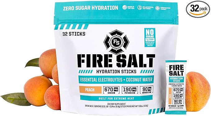 Fire Science Fire Salt Hydration Sticks, Electrolytes & Coconut Water, Hydration Drink Mix with Magnesium, Potassium & Sodium, Zero Sugar, Single Serve On The Go Packs, Vegan, Peach Flavor, 32 Count