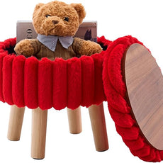 Wimarsbon Storage Ottoman,Soft Faux Fur Footstool with Padded Seat, Small Reading Vanity Chair, Footrest with Wood Tray for Couch, Mini Coffee Table or Display Stand (Red, Round Storage)