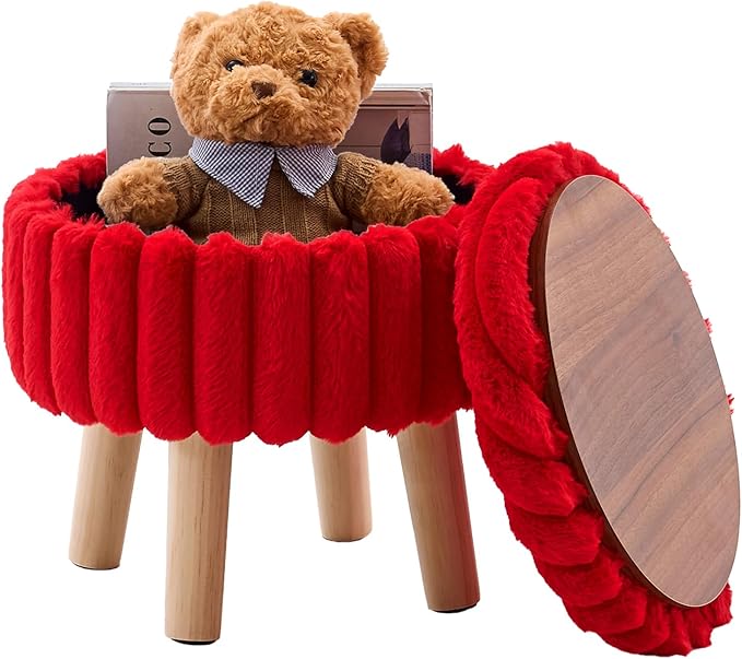 Wimarsbon Storage Ottoman,Soft Faux Fur Footstool with Padded Seat, Small Reading Vanity Chair, Footrest with Wood Tray for Couch, Mini Coffee Table or Display Stand (Red, Round Storage)