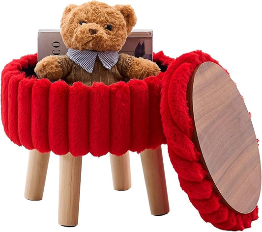 Wimarsbon Storage Ottoman,Soft Faux Fur Footstool with Padded Seat, Small Reading Vanity Chair, Footrest with Wood Tray for Couch, Mini Coffee Table or Display Stand (Red, Round Storage)