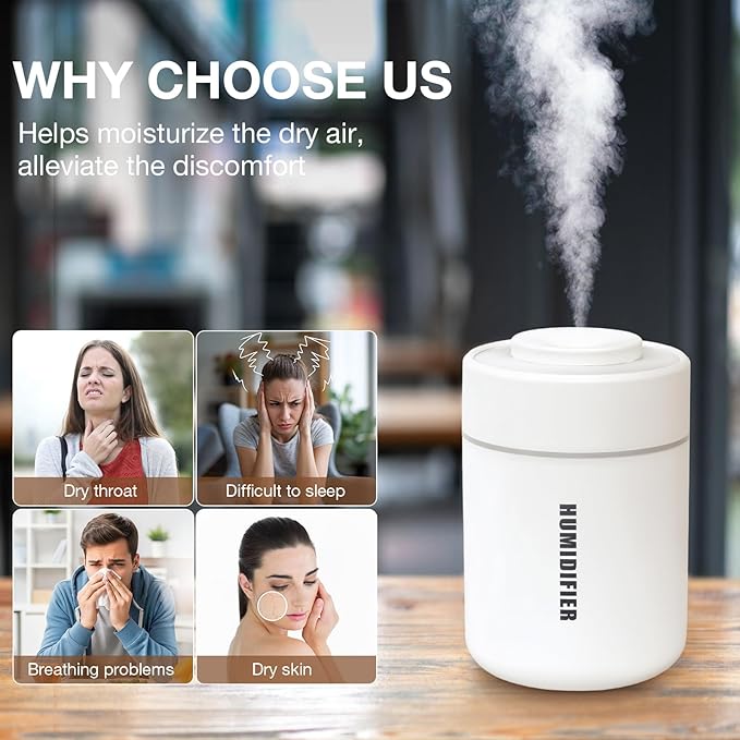 Portable Mini Humidifier, 180ml USB Cool Mist Small Humidifiers for Bedroom, Personal Desktop Humidification for Car Office Travel & Indoor Plants(White Grey)