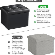 AmasSmile Storage Ottoman Folding Foot Rest Stool, Leather Footstool Bench, Short Ottoman Stool, Storage Foot Rest Store, Books (Black, 17