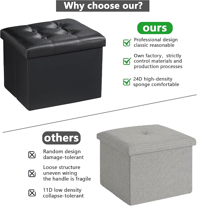 AmasSmile Storage Ottoman Folding Foot Rest Stool, Leather Footstool Bench, Short Ottoman Stool, Storage Foot Rest Store, Books (Black, 17" D x 13" W x 13" H)