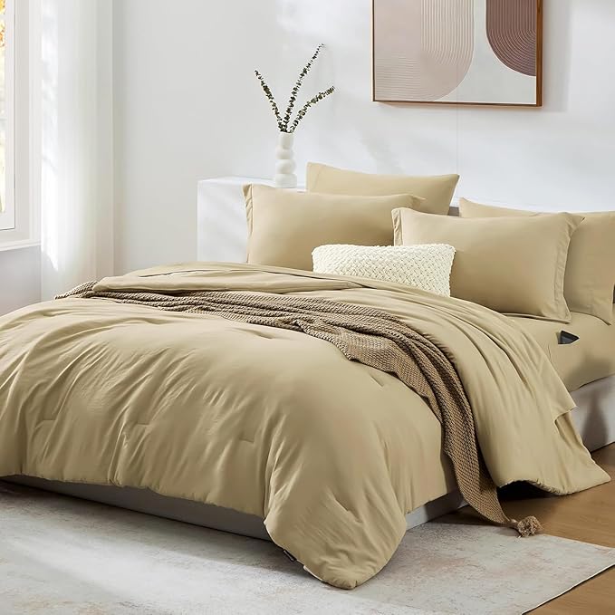 WRENSONGE Queen Comforter Set- 7 Pieces Soft Taupe Bed in a Bag Queen Size with Fitted Sheet, Flat Sheet, 2 Pillow Shams, and 2 Pillowcases- Khaki Bedding Sets for All Season