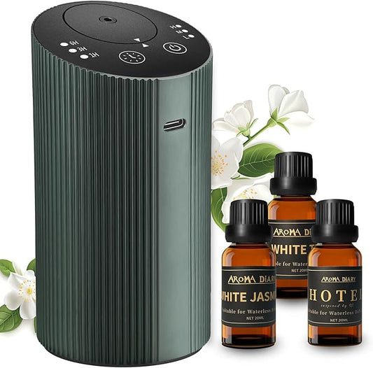 Waterless Essential Oil Diffuser Starter Kit with 3 x 20mL Essential Oil, Rechargeable Scent Diffuser for Home Car Bathroom, 3 Mist & 4 Timer, Portable Small Aromatherapy Diffuser Machine, DarkGreen