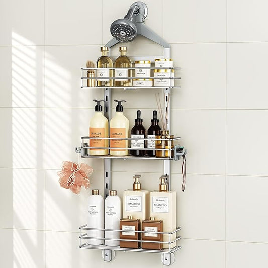 Orimade Aluminum Hanging Shower Caddy Over Head, Adjustable Anti-Slip Bathroom Shelves with Hooks, Rustproof Shower Organizer Storage Rack, Silver 3 Tier