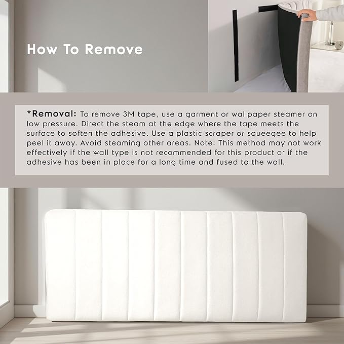 Hearth & Harbor Upholstered Full Headboard - Easy Assemble Channel Stitched Headboard Full Size - Wall Mounted Headboards with 3D Soundproof Wall Panels Peel & Stick Floating Headboards, Off White