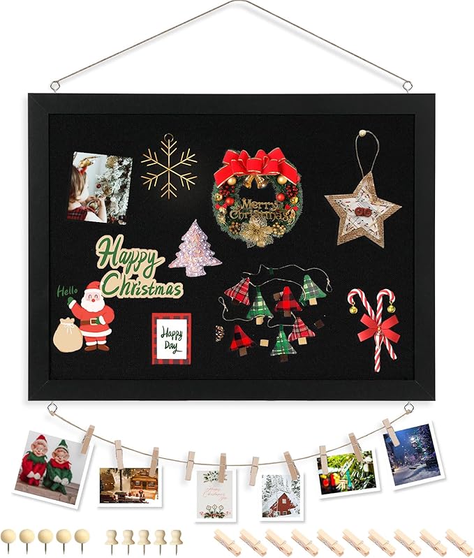 Double-Sided Black Cork Board with Linen, 16" x 12" Hanging Wood Framed Small Bulletin Board, Picture Display Vision Board Kit Corkboards for Wall Room School Office Decor, 20 Pushpins