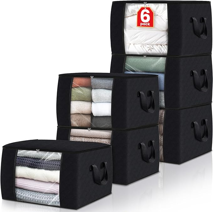 Fab totes Storage Bags,Clothes Blanket Storage Bins Foldable Closet Organizers with Reinforced Handle for Home Dorm Storage and Organization,Fabric Bags for Organizing Sheets,Clothing (Black,6 Pack)