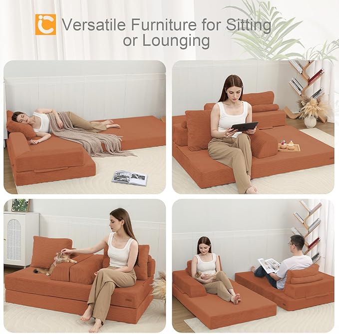 COMAX Convertible Sofa Bed, Folding Floor Couch Corduroy Fold Out Couch Bed Futon Sleeper Mattress with Pillows, Boneless Sofa Comfy Lounge Loveseat for Living Room Bedroom