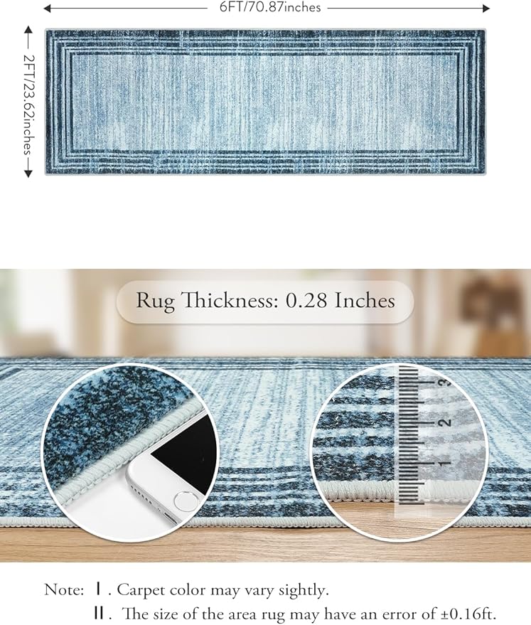 Lahome Modern Abstract Runner Rug, Washable Blue 2x6 Runners for Hallways Non Slip Bathroom Rug Runners, Low-Pile Soft Kitchen Runner Rubber Backed Carpet Runner for Bedroom Entryway