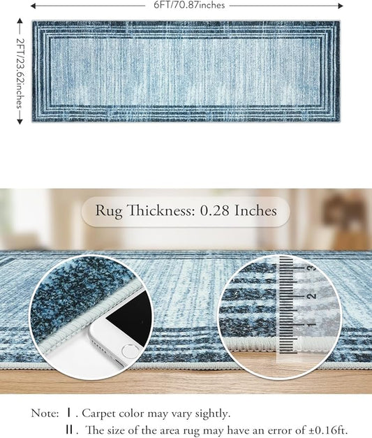 Lahome Modern Abstract Runner Rug, Washable Blue 2x6 Runners for Hallways Non Slip Bathroom Rug Runners, Low-Pile Soft Kitchen Runner Rubber Backed Carpet Runner for Bedroom Entryway